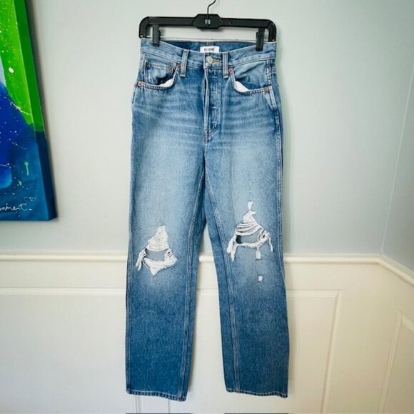 RE/DONE 90s Distressed High Rise Loose in Destroyed Medium Blue Size 24 - Picture 6 of 16